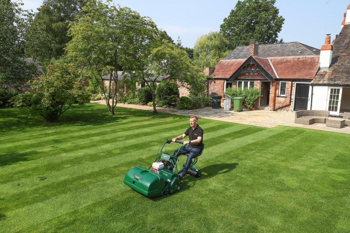 Load video: The Autosteer Trailing Seat For The Allett Buckingham Cylinder Lawn Mower